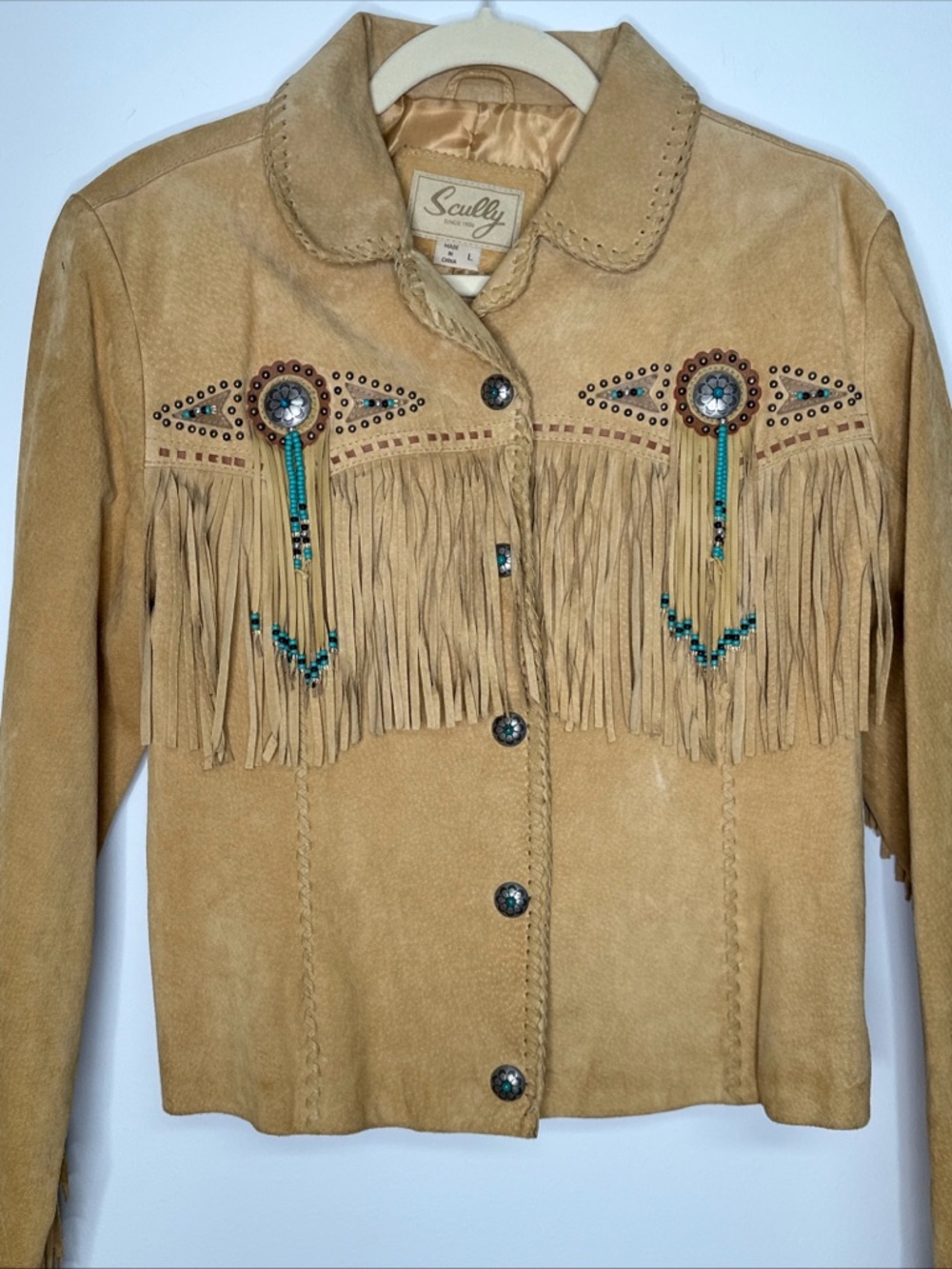 Scully Tan Suede Fringe Jacket with Turquoise Beadwork CONCHO chamois boho